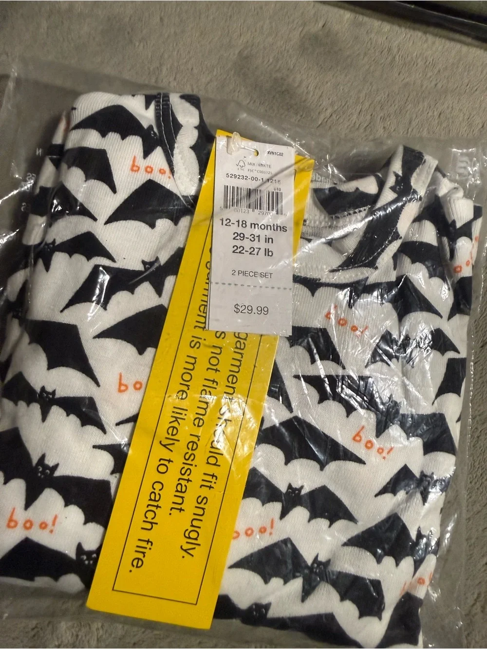 GAP Black and White Bat Print Kids Pajama Set with Orange 'boo' Accents